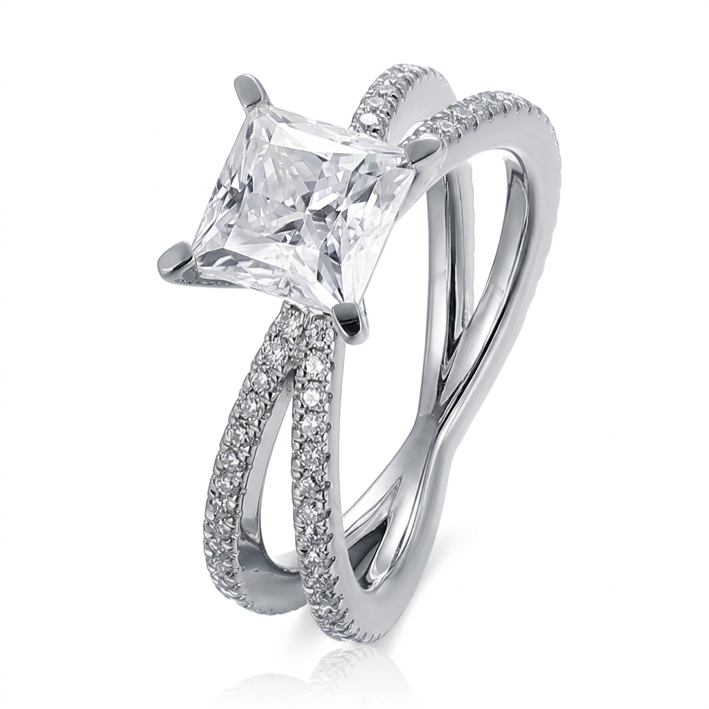 Modern Princess Cut Criss-Cross Moissanite Ring